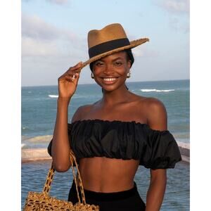 Eric Javits Squishee Packable Straw Fedora Fringe Pinch UPF 50+